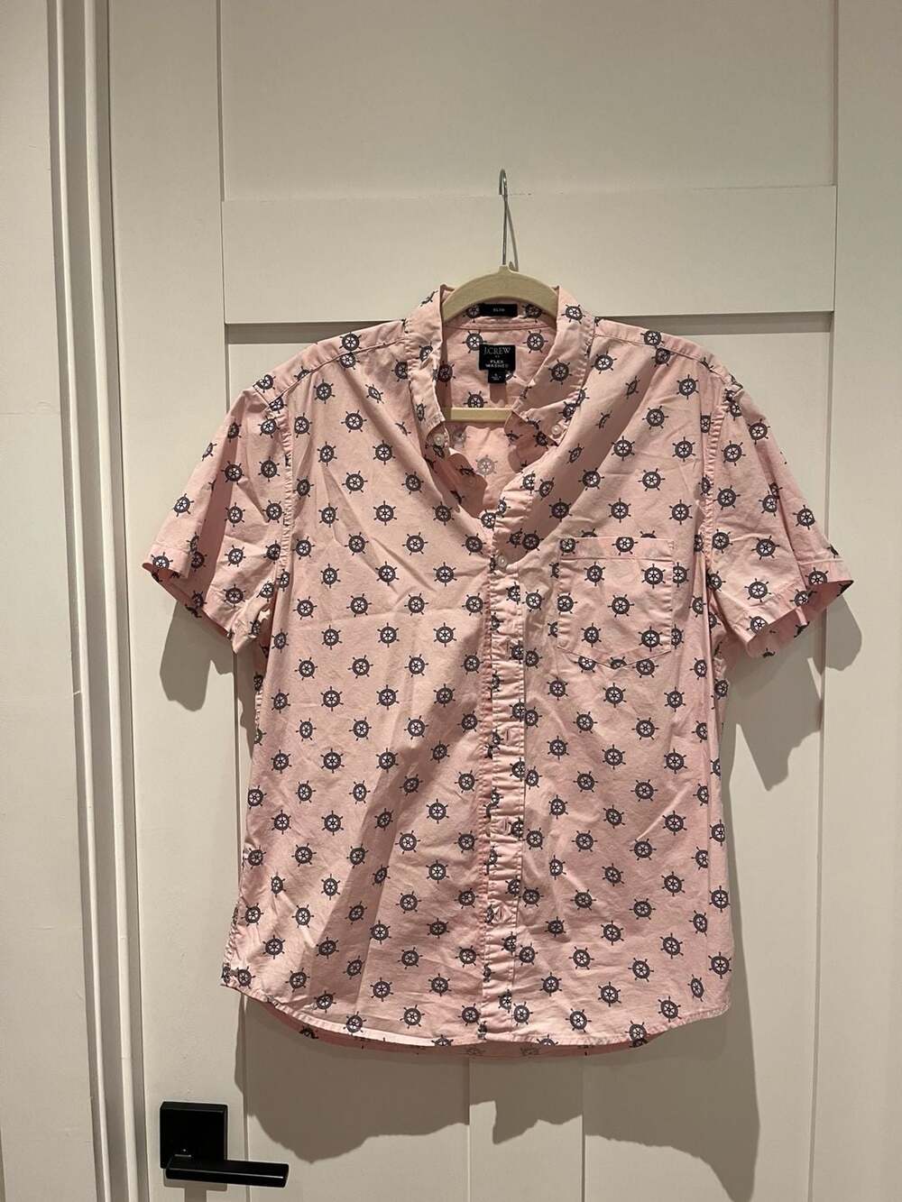 J.Crew Flex Washed Slim Fit Short Sleeve Shirt Ship Wheel Print Pink Size L